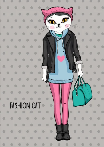 Cute Fashion Hipster Poster Cat Vector Illustrations — Stock Vector