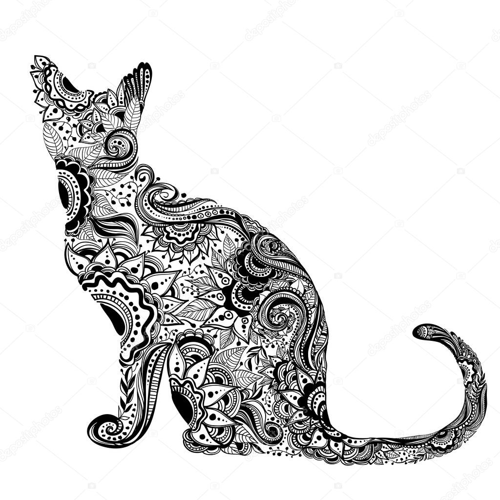 Coloring book cat for adults. Hand drawn artistically ethnic ornament with patterned illustration