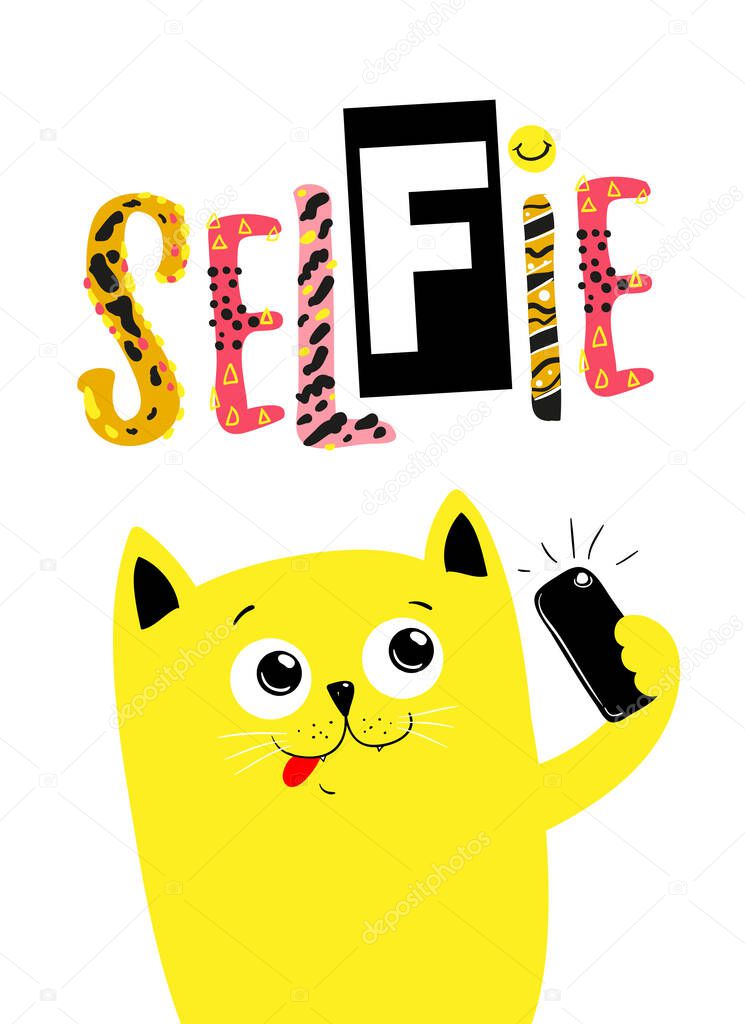 Cute yellow cat makes selfie. Funny flat illustration perfect for print t-shirt. Vector eps10