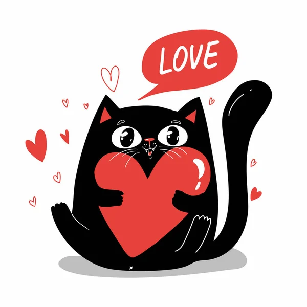 Cute Black Cat Character Holding Red Heart Funny Cartoon Cat — Stockvektor