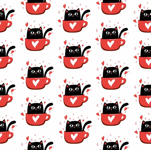 Valentine Day Seamless Pattern Design Black Cat Character Cat Red — Vetor de Stock