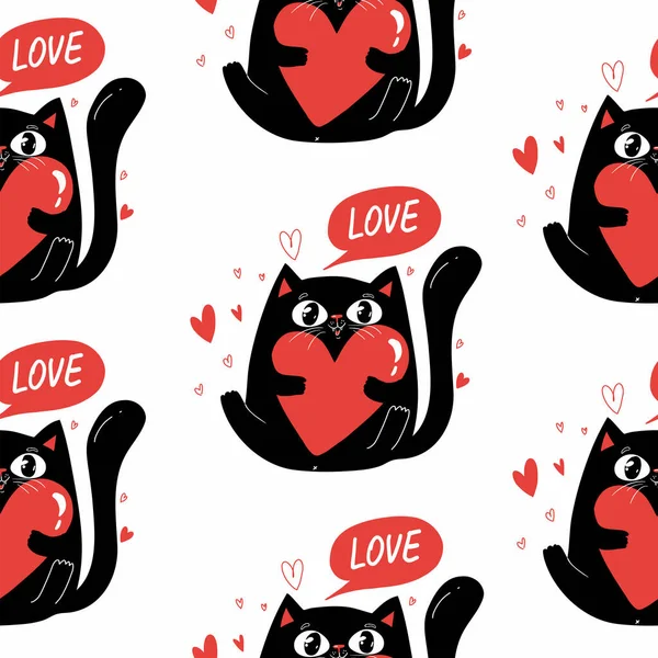 Valentine Day Seamless Pattern Design Black Cat Character Cat Red — Stockový vektor