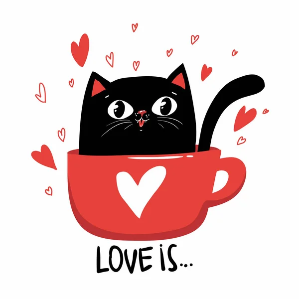 Funny Black Kawaii Cat Sitting Red Cup White Background Heart —  Vetores de Stock