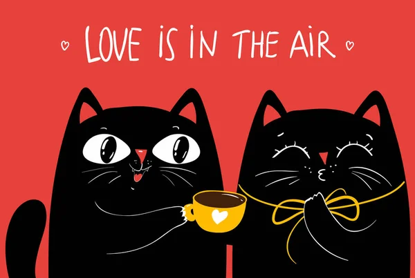 Romantic Greeting Card Kawaii Black Cats Red Cup Heart Cute —  Vetores de Stock