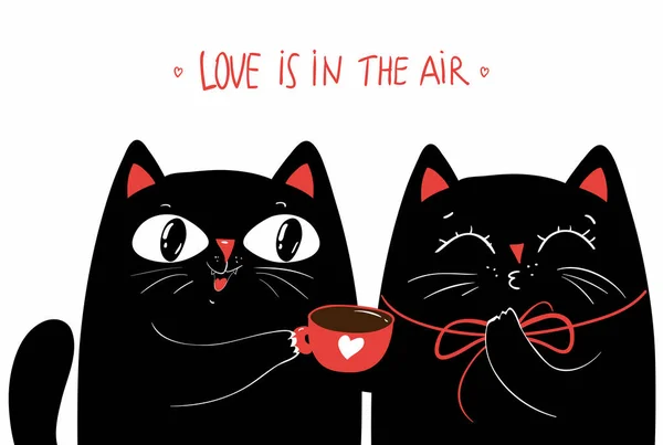 Romantic Greeting Card Kawaii Black Cats Red Cup Heart Cute — Stockvector