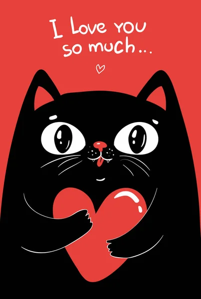 Cute Black Cat Character Holding Red Heart Funny Cartoon Cat — Stockvector