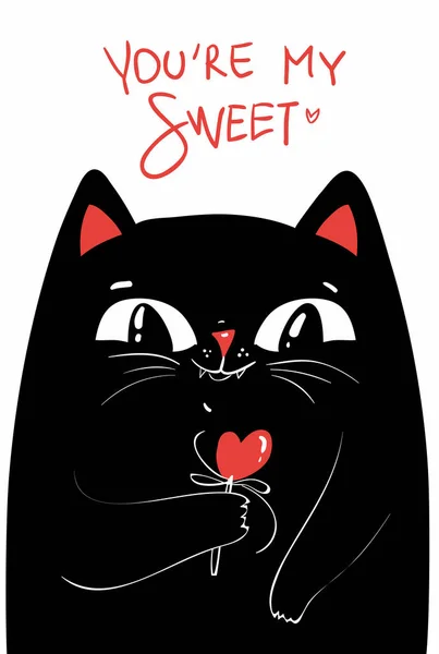 Zwarte kat met rood hart. Grappige tekenfilmkat voor Valentijnsdag. Wenskaart, banner, poster, print design en andere, baby print. Witte achtergrond geïsoleerd. — Stockvector