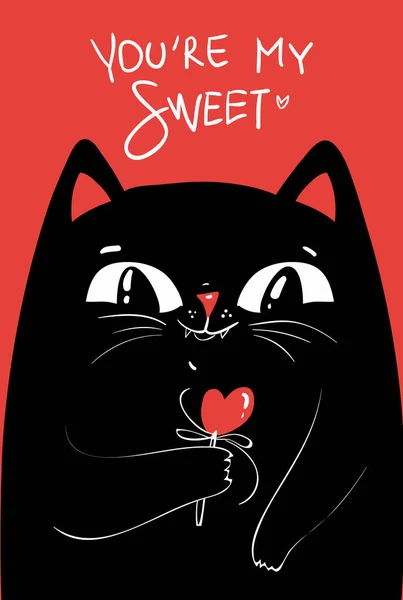 Zwarte kat met rood hart. Grappige tekenfilmkat voor Valentijnsdag. Wenskaart, banner, poster, print design en andere, baby print. Witte achtergrond geïsoleerd. — Stockvector