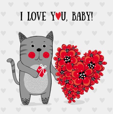 I love you, Valentines day, greeting card with cat character