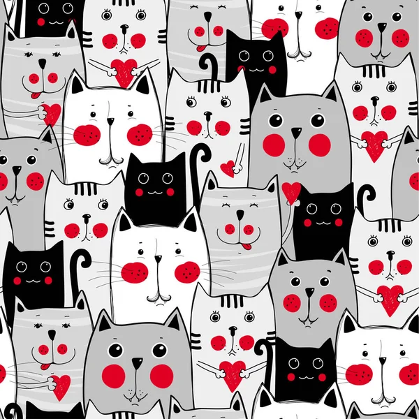 Cute Cats Hearts Cute Seamless Pattern Background Cats Valentine Day — Stock Vector