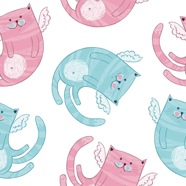 Jumeaux Dessins Animés Chats Bleus Roses Motif Sans Couture Papier — Image vectorielle