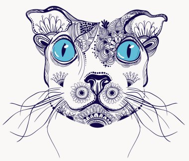 Hand drawn cat with floral doodle pattern. Vector illustration for coloring book, tattoo, t-shirt and other. Isolated on a white background
