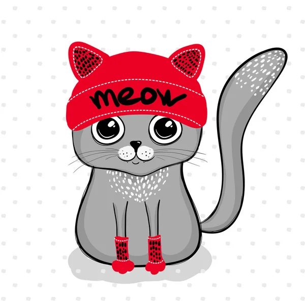 Cute Cartoon Grey Cat Hat Vector Illustration — Stock Vector