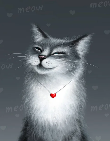Cute Cartoon Smiling Cat Happy Grey Cat Poster Design — Stock Photo, Image