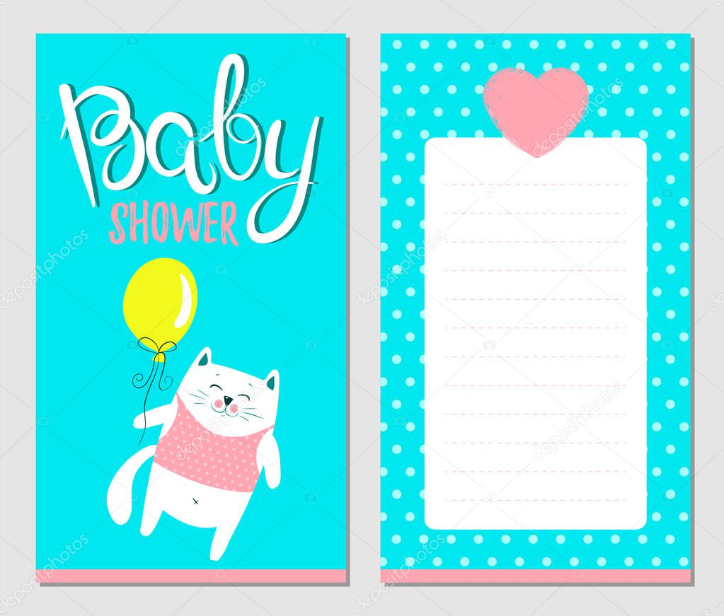 baby shower card, invitation with whitw cat character.