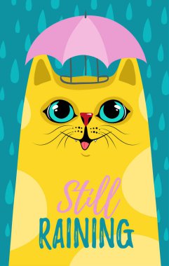 Rainy Illustration, Hello Autumn, cute cat in the rain, still raining
