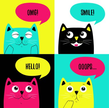 Set of portraits cute colorful cats with speach bubbles.