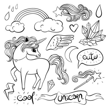 Unikon, gökkuşağı, peri, kristaller, kanatlar ve yıldızlı koleksiyon boyları