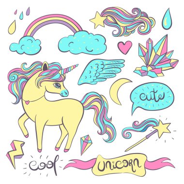 Unikon, gökkuşağı, peri, kristaller, kanatlar ve yıldızlı koleksiyon boyları