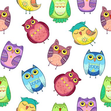 Renkli baykuşlarla kusursuz desen, kuş vektör çizimleri.