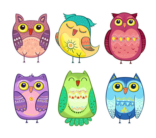 Set of colorful owls. Vector illustration