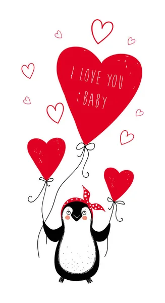 Kleine Pinguïn Harten Leuke Vector Illustratie Voor Valentijnsdag — Stockvector