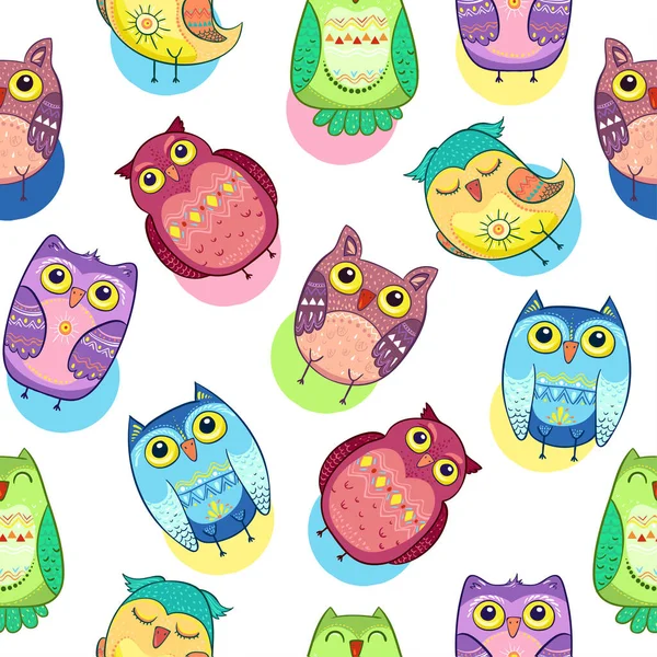 Seamless Pattern Colorful Cute Owls Birds Vector Illustrations — Stock Vector