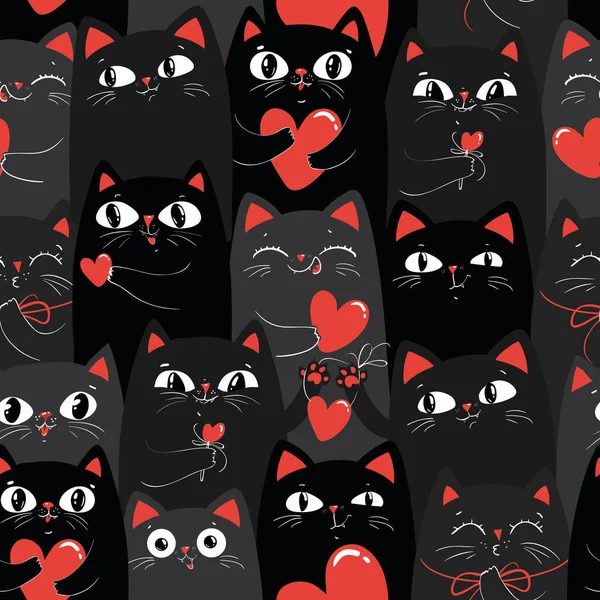 Black and grey Cats with hearts. Happy Valentines day, love you. Cartoon seamless pattern. Vector EPS10.