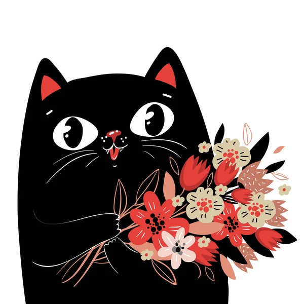可爱的贺卡配上黑猫 一束可爱的花 完美地印在T恤衫 杯子等上 我爱你 情人节卡片 矢量说明Eps10 — 图库矢量图片