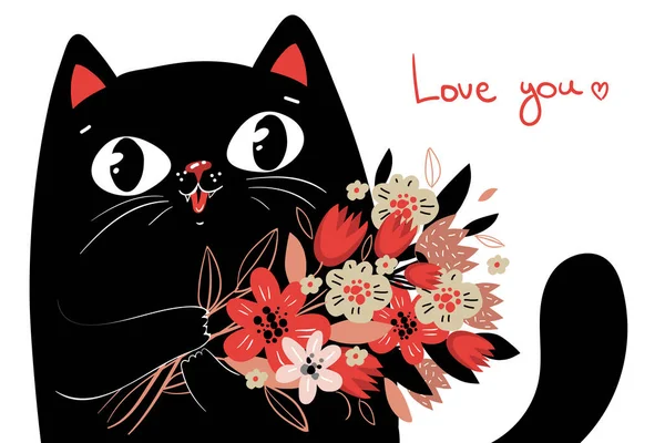 Nette Grußkarte Mit Schwarzer Lustiger Katze Ein Strauß Niedlicher Blumen — Stockvektor