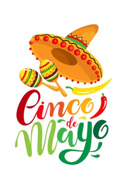 Cinco de Mayo posteri, el yazısı çizilmiş araba tasarımı, sombrero ve marakas, bayram sembolleri. Vektör illüstrasyonu EPS 10