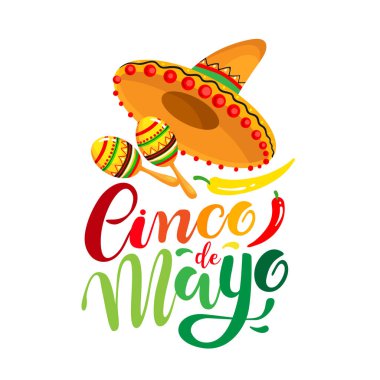 Cinco de Mayo posteri, el yazısı çizilmiş araba tasarımı, sombrero ve marakas, bayram sembolleri. Vektör illüstrasyonu EPS 10