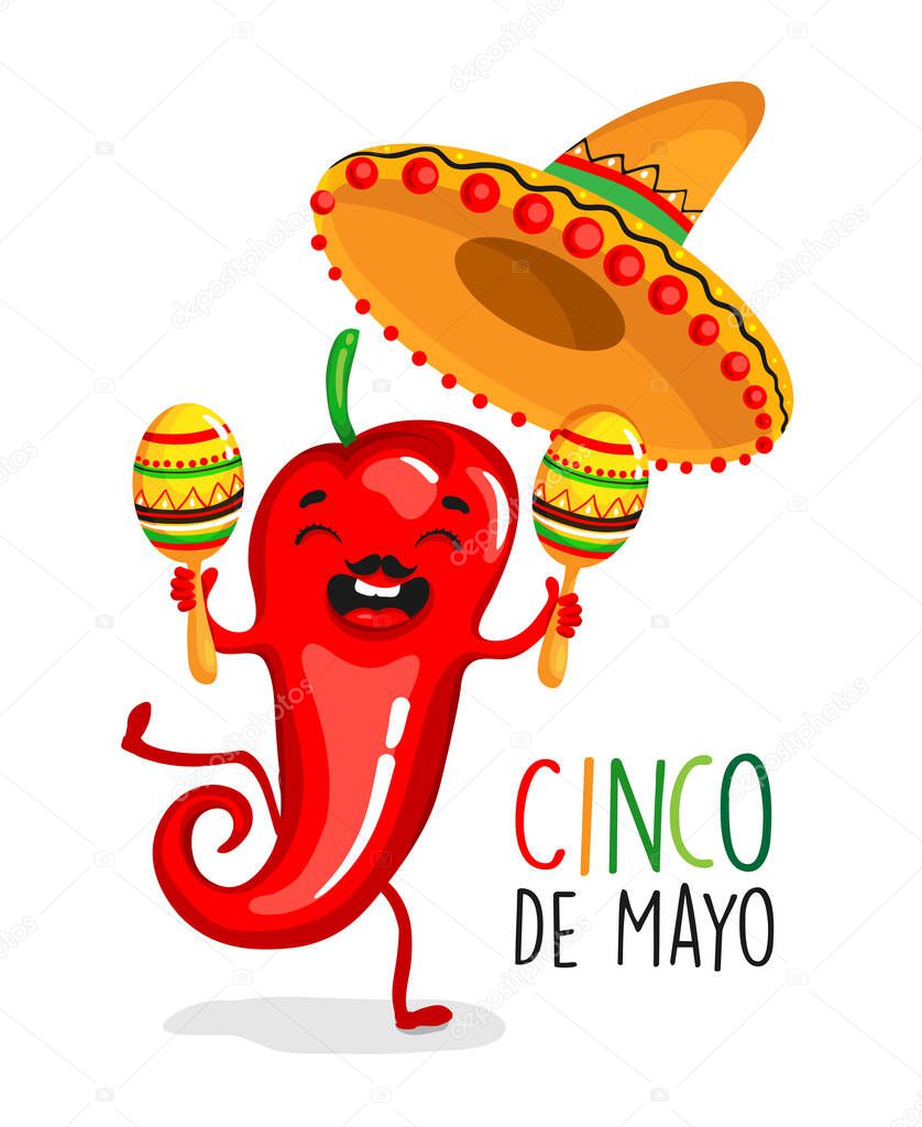 Cinco de Mayo logo design with lettering, and Mexican pepper character wearing sombrero. Vector illustration EPS10