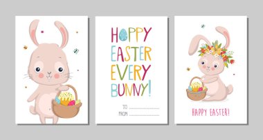 İçinde şirin tavşanlar ve harfler olan Paskalya kartları. Tavşanlı, fincanlı, yumurtalı ve çiçekli Paskalya tebrik kartları. Vektör illüstrasyonu