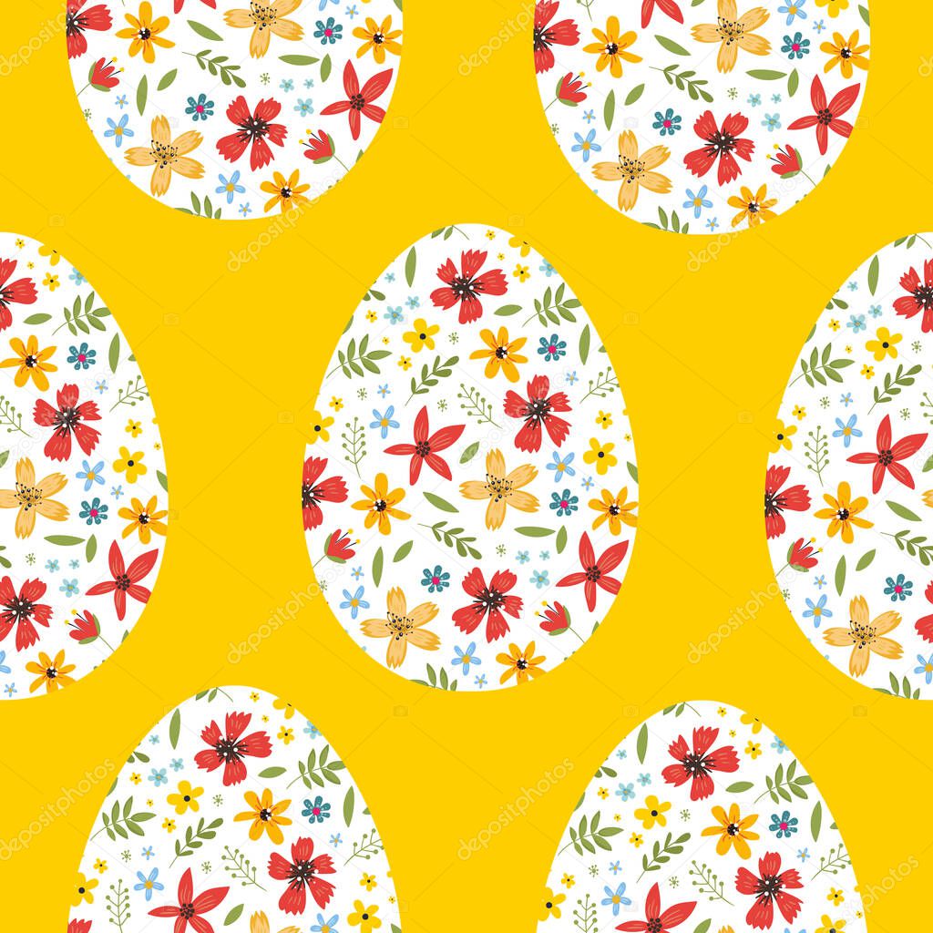 Seamless easter background pattern with easter eggs and flowers. Vector EPS10