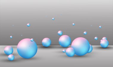 Uzayda asılı duran farklı boyutlardaki topların üç boyutlu çizimi. Beyaz arkaplanda 3B görüntüleme izole edildi.