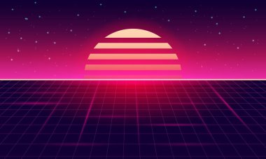 Retro Bilim-Kurgu Geçmişi Futuristik Ağ Manzarası, 90 'lar. Uzayda yatay matris ızgarası ve arka planda yıldızlar.