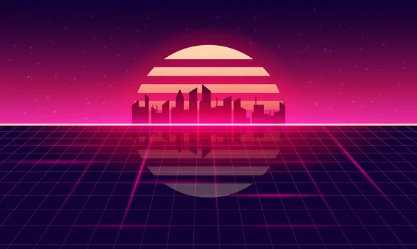 Retro Sci Fondo Futuristic Grid Landscape Matriz Horizontal Cuadrícula Espacio — Vector de stock