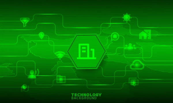 stock vector Location City icon in a green hexagon. Connection and Communication concept.