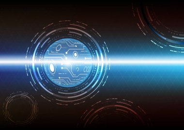 Teknoloji geçmişi. Neon etkisi. Devre kartı konsepti. Yüksek teknoloji dijital teknoloji. Mavi renk.