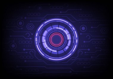 Teknoloji geçmişi. Neon etkisi. Devre kartı konsepti. Yüksek teknoloji dijital teknoloji. Mavi ve kırmızı renk.