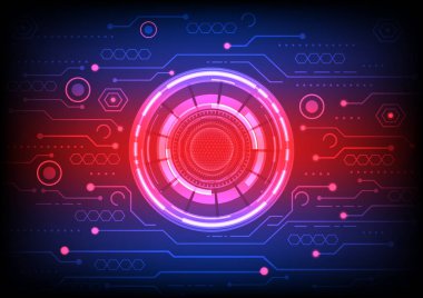Teknoloji geçmişi. Neon etkisi. Devre kartı konsepti. Yüksek teknoloji dijital teknoloji. Mavi ve kırmızı renk.