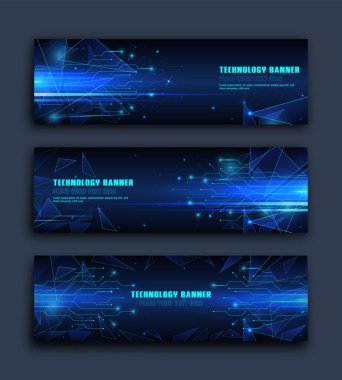 technology concept for web banner template or brochure , Blue colour. Abstract Tech banners set with Dots ,Lines,Geometric,Waves. Vector design network communication background. 