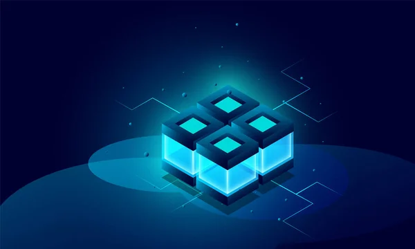 Digital Background Vector Realistic Cubes Blue Glowing Dark Blue Background — 스톡 벡터