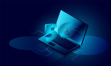 Laptop analizi yapılıyor. 5G hız konsepti, yapı izometrik vektörü, veritabanı. Teknoloji geçmişi, yazılım geliştirme ve programlama. Bilgisayar veri görselleştirmesi.