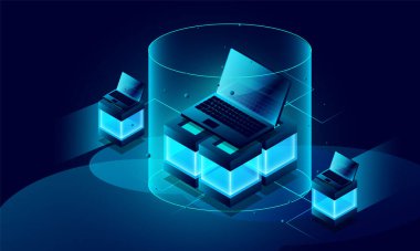 Laptop analysis processing. cloud services concept, file backup and saving, isometric vector , Database.technology background , software development and programming. Computer data visualization.