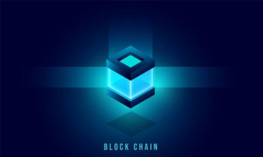 Dijital arka plan. Koyu mavi arka planda mavi parlayan üç boyutlu vektör gerçekçi küpleri. Fütürist vektör çizimi. Soyut arkaplan zincirini engelle. Büyük Veri İşleme.