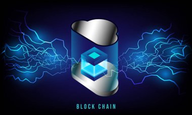 battery charging process on Block chain plugged in to electricity. technology background.