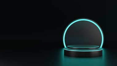 3D render of Cylinder podium with blue neon lights on dark background. podium for technology product presentation. empty dark. neon light display with blank backdrops.