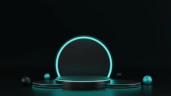 Render Cylinder Podium Blue Neon Lights Dark Background Podium Technology — Stockfoto